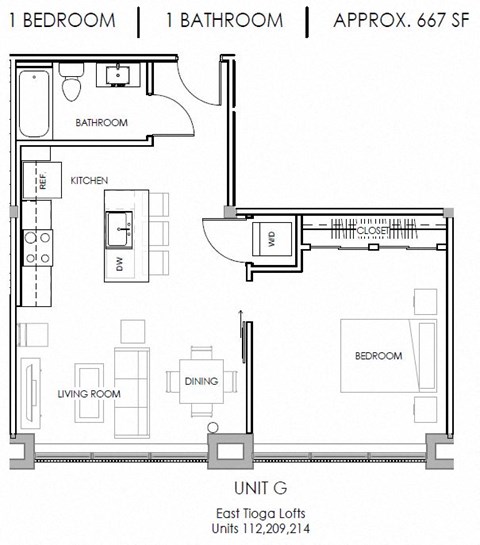 Floor plan for 1 bed, 1 bath, 667 sqft